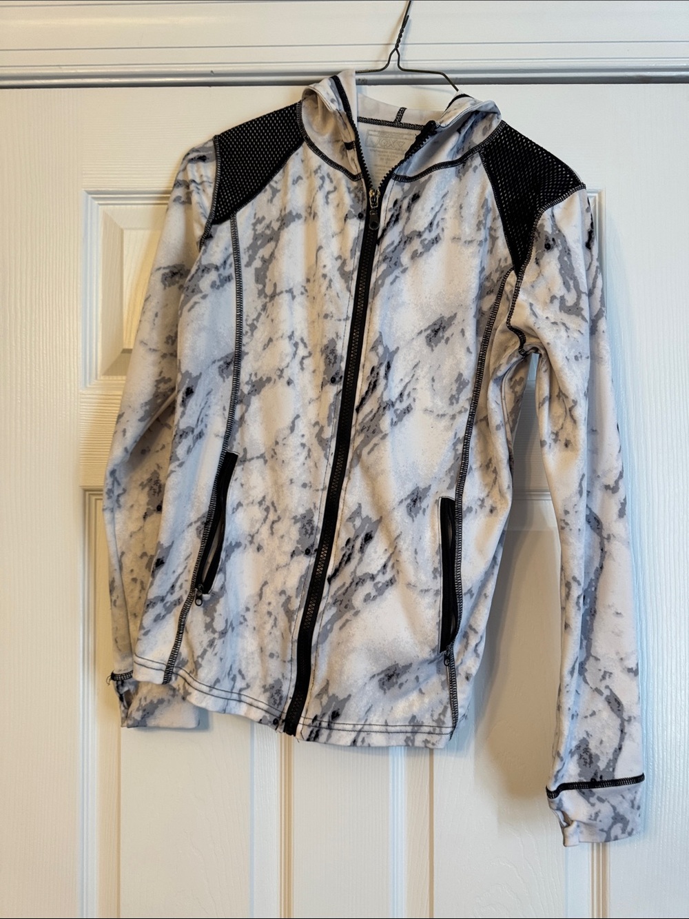 Women’s Marble-Print Hooded Zip Jacket - White & Gray